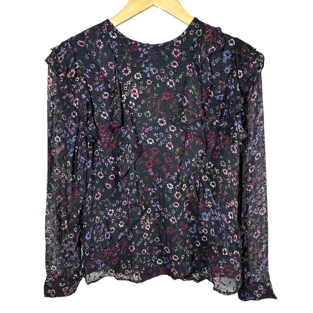 REISS Faiza Dark Floral Textured Long Sleeve Ruffle Blouse Black Size 0